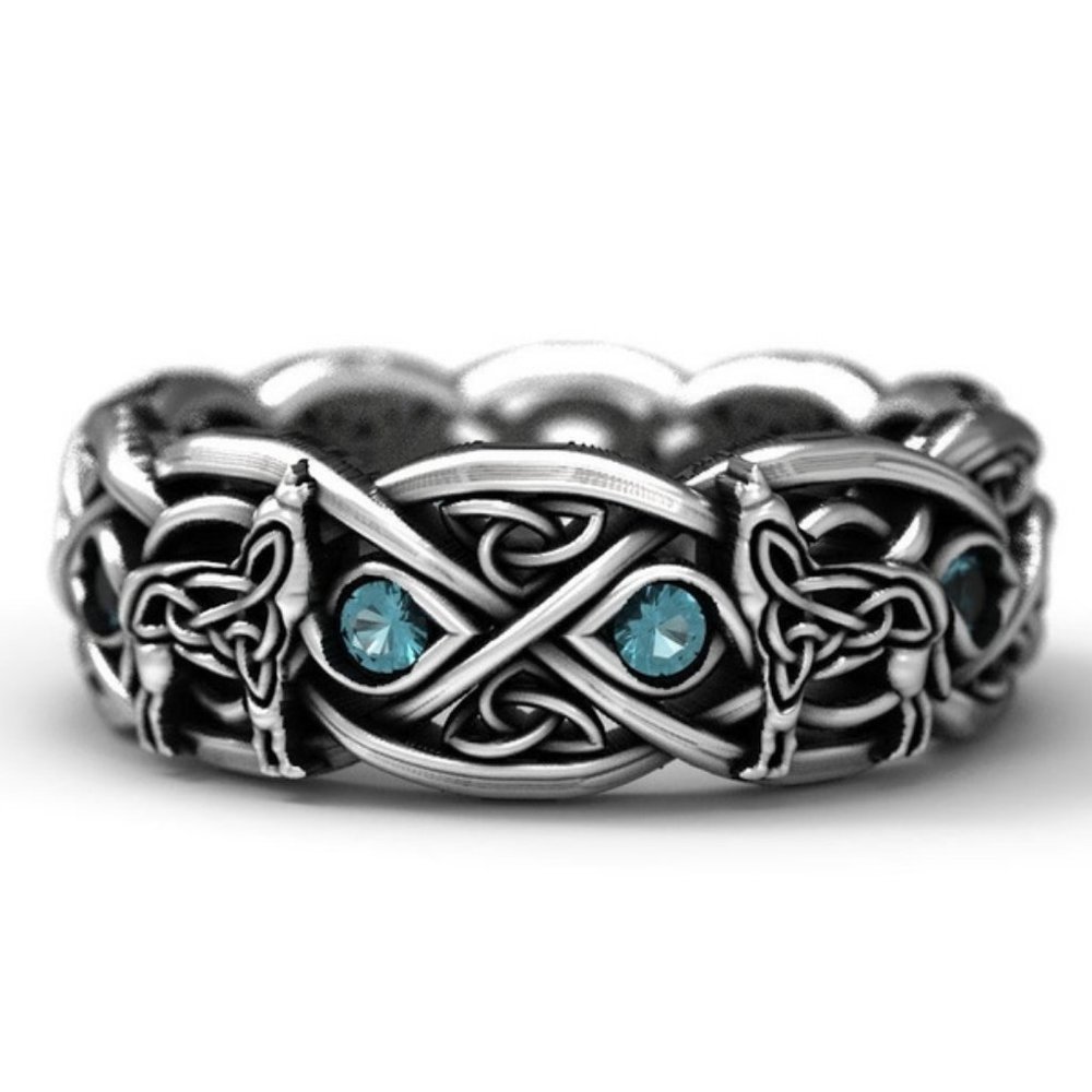 925 Sterling Silver Celtic Wolf Ring with Topaz